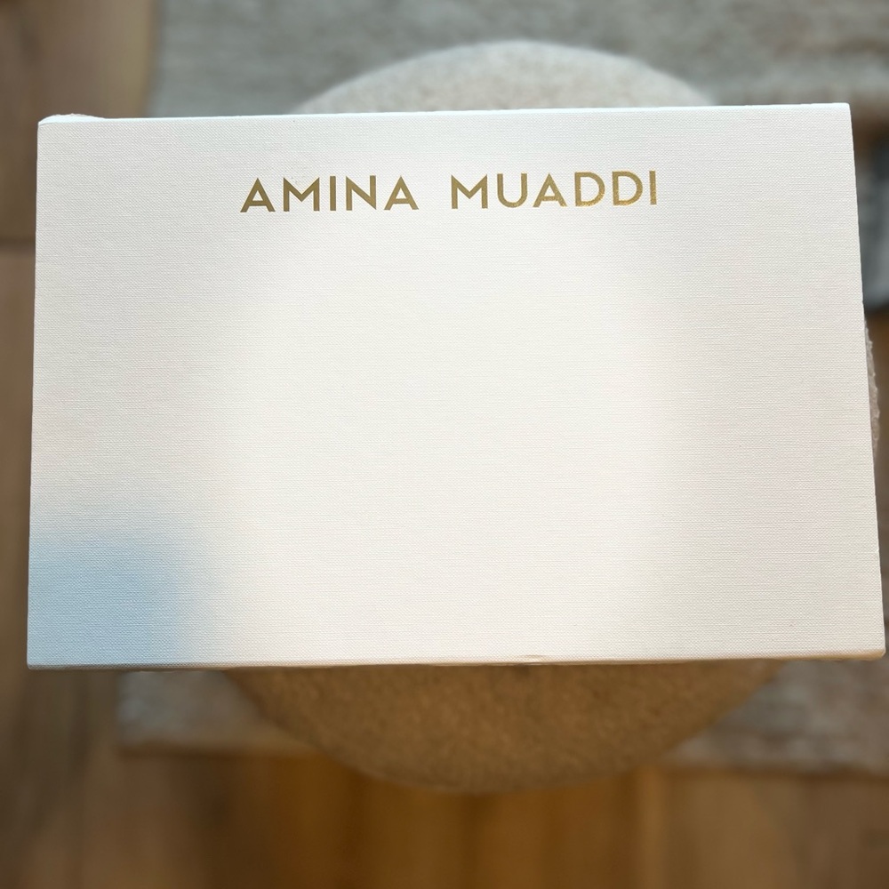 Amina Muaddi Cream Box with Gold Lettering